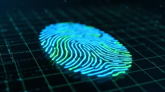 Close-up of Glowing Digital Fingerprint on Grid Surface with Neon Blue and Green Lines in Dark Futuristic Environment, Highlighting Biometric Technology and Security at Night: nighttime