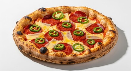 Delicious pizza with pepperoni, jalapenos, and cheese isolated on white background