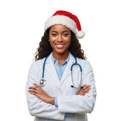Smiling young woman doctor wearing a festive red santa hat and white lab coat with stethoscope isolated on transparent background