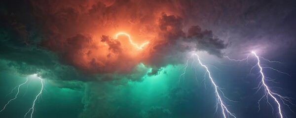 Dramatic stormy sky with thunder and powerful lightning bolts. Dark clouds show vibrant colors of red, orange, green, and blue, creating an abstract, dynamic scene of electricity and energy.