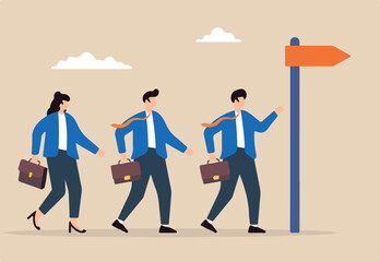 Flat illustration of business people walk in right direction toward signpost symbolizing guidance toward career success