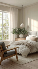 Cozy bedroom with natural light, plants, and a serene atmosphere designed for relaxation and comfort