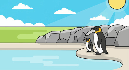 World animal day  october 4 cartoon emperor penguin with baby vector illustration for antarctic wildlife and polar animals themed design vector