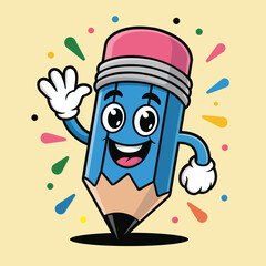 Cute Cartoon Pencil Mascot Character Waving with Happy Face, Vector Illustration Isolated on Colorful Background
