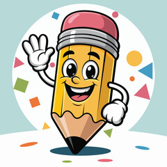 Cute Cartoon Pencil Mascot Character Waving with Happy Face, Vector Illustration Isolated on Colorful Background
