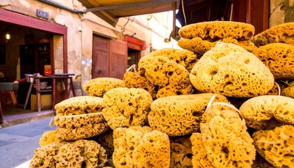 Sponges piled high at an outdoor market, with textured surfaces and varying shapes
