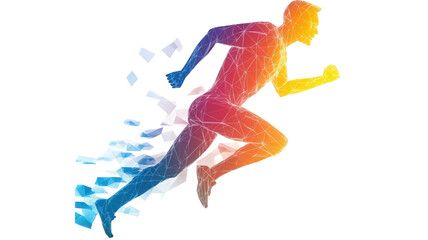 Vibrant abstract illustration of a running man dissolving into particles.