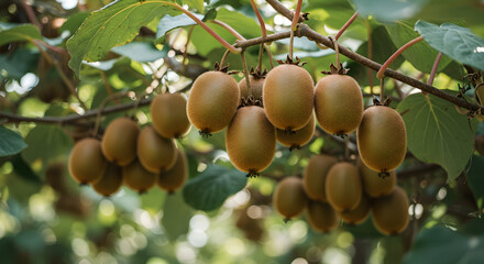 A kiwi vine with hanging fruit
