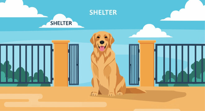 World animal day  october 4 golden retriever dog sitting pretty in shelter with blue sky and clouds cartoon illustration vector art vector