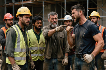 Men in hard hats and vests arguing at a construction site, possibly discussing a project or issue.