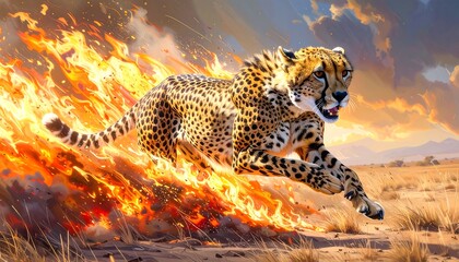 Fiery cheetah running across a savanna
