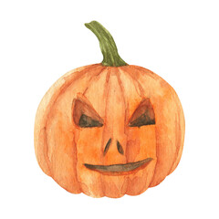Watercolor autumn bright pumpkin isolated background. Cozy fall and Halloween collection. Perfect for cards, logo, paper, wrapping, stickers