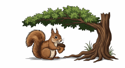 World animal day  october 4 illustration of a cute squirrel holding an acorn under a tree with green leaves and brown trunk art vector