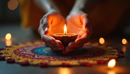 Hands gently hold glowing diya oil lamp, radiating warmth, light. Image peace, spirituality, tradition, often seen during Indian festivals, celebrations. Intricate rangoli pattern below adds cultural