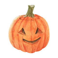 Watercolor autumn bright pumpkin isolated background. Cozy fall and Halloween collection. Perfect for cards, logo, paper, wrapping, stickers