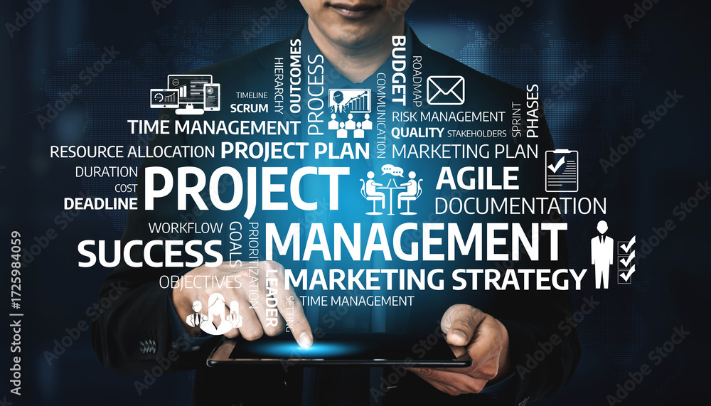 Poster a dynamic representation of essential project management concepts, showcasing strategies including a