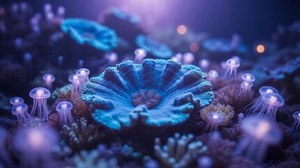 Bioluminescent Jellyfish and Coral Reef at Night