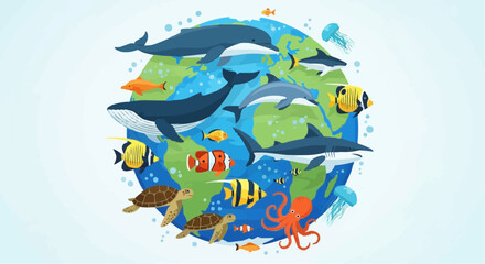 World animal day  october 4 ocean life around the world illustration featuring whales dolphins sharks turtles and colorful fish vector art vector