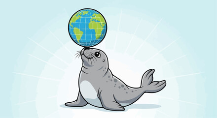 World animal day  october 4 cartoon seal balancing world globe on nose vector illustration animal marine mammal wildlife ocean art vector