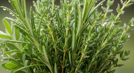 Obraz premium Freshly harvested rosemary and thyme with water droplets highlighting their verdant allure