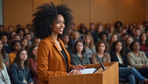 Young woman confidently speaks at podium before diverse, attentive audience. Image represents empowerment, leadership roles for young individuals, promoting equality and growth.