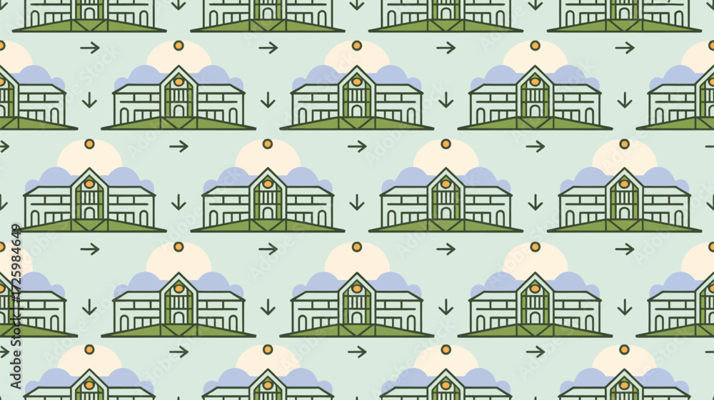 Poster repeating pattern of illustrated buildings with arrows and circles on a light blue background