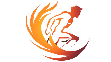 Dynamic running man silhouette with a fiery energy trail.