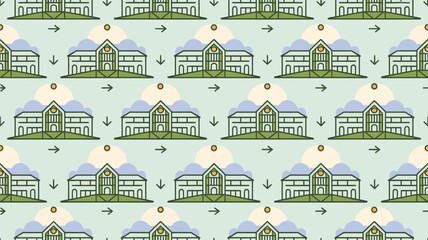 Repeating pattern of illustrated buildings with arrows and circles on a light blue background