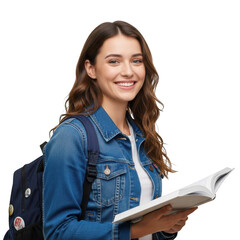 A smiling young woman wearing a denim jacket and backpack holding an open book isolated on transparent background