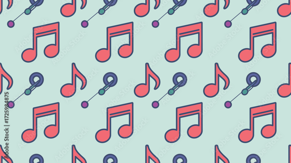 Poster a seamless pattern of red musical notes and microphones on a light green background creating a music