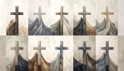 Crosses atop abstract mountains in ten distinct, painterly color variations