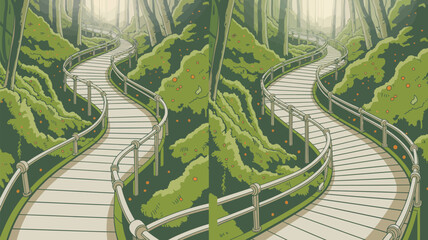 A winding path with railings through a lush green forest landscape in an anime style illustration
