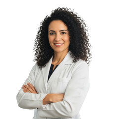 Professional woman wearing a white lab coat with arms crossed smiling confidently isolated on transparent background