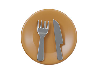 Silver fork and knife with yellow plate icon render illustration