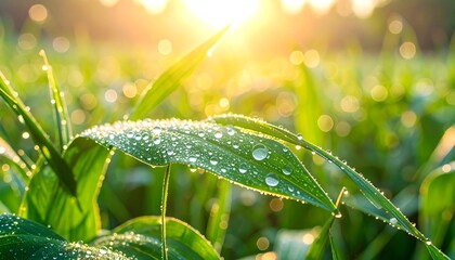 Dew-kissed blades of vibrant green grass at sunrise