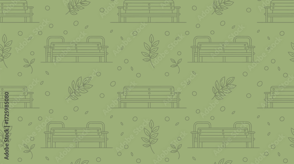 Poster seamless pattern featuring benches leaves and circles in a muted green color scheme in a repeating d
