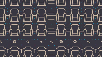 A repeating pattern of white outline chairs with blue dots on a dark blue background design style art