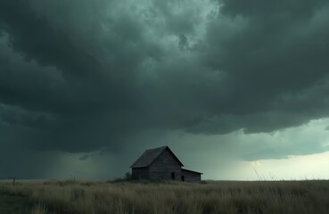 Lonely wooden farmhouse sits in vast, dry grass field under dark, stormy sky. Ominous clouds gather, creating dramatic, moody atmosphere. Isolated rural landscape suggests desolation, abandonment.