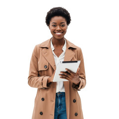 Smiling young african american woman wearing a stylish tan trench coat holding a tablet computer isolated on transparent background