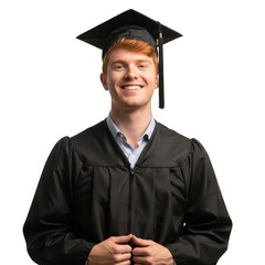 A young man wearing a graduation cap and gown smiles happily isolated on transparent background