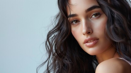 Obraz premium Close up of a beautiful woman with brown hair and eyes looking at the camera on a light background