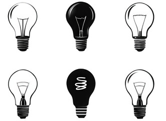 Set of six black and white light bulb icons.