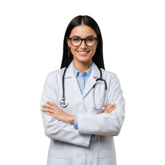 Smiling female physician wearing glasses and stethoscope with arms crossed isolated on transparent background