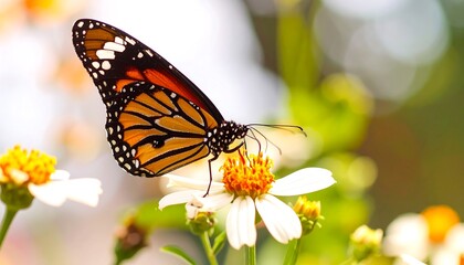 Obraz premium A monarch butterfly on white flowers surrounded by blurred greenery in soft light