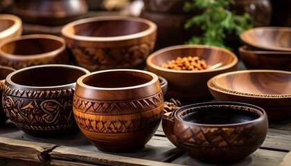Collection of carved wooden bowls with intricate designs displayed on a rustic table