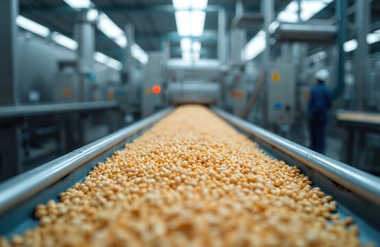Modern grain processing plant features automated conveyor system for efficient food manufacturing. Metal machinery, logistic systems for distribution, large-scale cereal production. Agriculture,