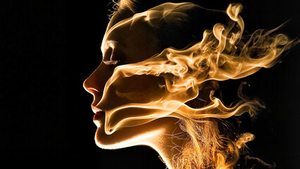 Symbol of inner energy represented by a woman's profile,  Conceptual Series, spiritual retreat campaigns, conceptual editorial illustration, advertising for meditation apps, mystical branding, 
