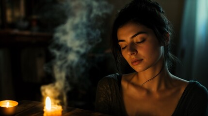 Medium in Trance During Séance,  Conceptual Series, spiritual retreat campaigns, conceptual editorial illustration, advertising for meditation apps, mystical branding, 
