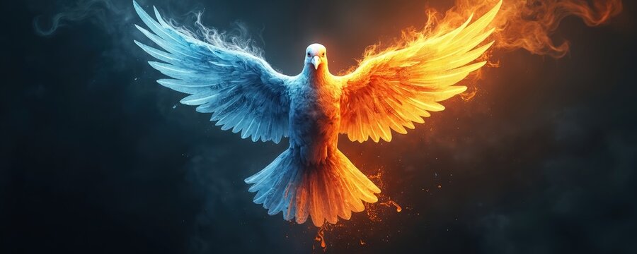 Artistic representation of dove end of war, dawn of peace. One wing formed by icy blue water elements, by vibrant fiery orange flames. Contrast harmony, conflict resolution.