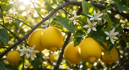 A lemon tree with ripe fruit and blossoms
